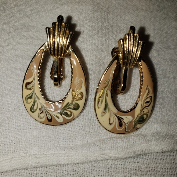 Beautiful Vintage Cloisonne Enamel Door Knocker Clip-On Earrings hand painted - Picture 1 of 4